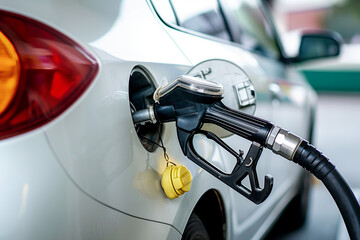 A car being refueled at a gas station, symbolizing energy consumption, transportation, and the fossil fuel industry.