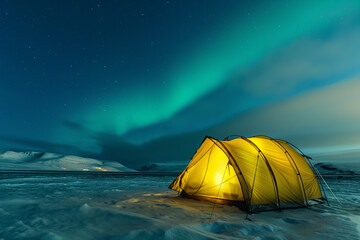 A solitary tent glows warmly beneath the majestic Northern Lights, offering a surreal experience in the snowy wilderness.