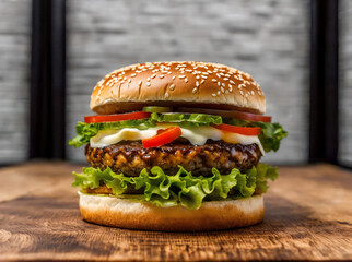 cheeseburger on a wooden table