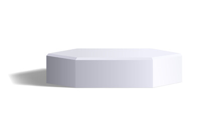 Empty white hexagon shaped podium isolated on white. Realistic monochrome low studio platform with light reflections and shadow in 3D style. Blank vector template for product presentation.