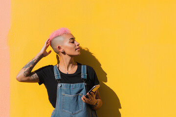 Fashionable Non-Binary Person in Denim Against Yellow Wall with Smartphone