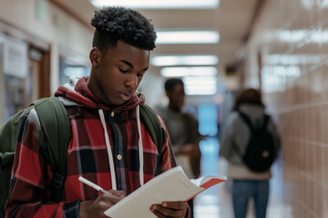 African American male student focused on reading his notes in a busy high school hallway, dedicated to learning.

