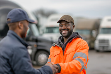 Warm handshake between two trucking industry workers, highlighting teamwork and industry solidarity. - obrazy, fototapety, plakaty