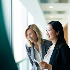 Obraz premium Asian and Caucasian businesswomen engaging in a friendly, professional conversation in a corporate office hallway.