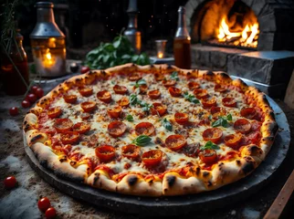 Foto op Plexiglas pizza in an outdoor pizza oven © Alexandr
