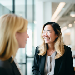 Fototapeta premium An Asian and a Caucasian businesswoman share a lighthearted moment, highlighting workplace diversity and positive interaction.