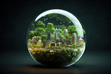 Green city in a crystal ball. Creative ideas of earth day, save energy,air pollution ,environment concept. Save planet.