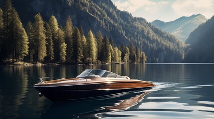 Elegant Riva Boat Gliding on Serene Lake - AI Generated - obrazy, fototapety, plakaty