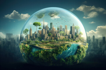 Green city in a crystal ball. Creative ideas of earth day, save energy,air pollution ,environment concept. Save planet.