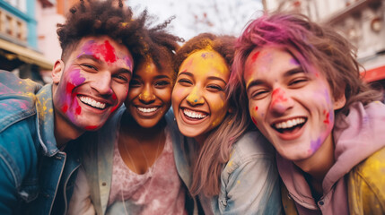 Fototapeta premium Joyful group of friends with colorful faces celebrating Holi festival of colors