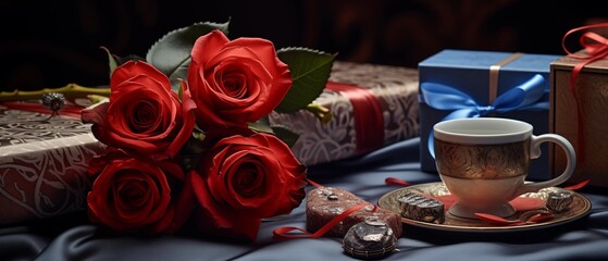 Obraz na płótnie Canvas a cup of tea with beautiful red rose for indicating love, valentine's day gift