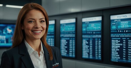 Fototapeta premium Station smiles Happy professional in front of info board, looking at camera