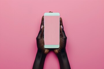 woman hands in pink outfit holding cell phone screen,