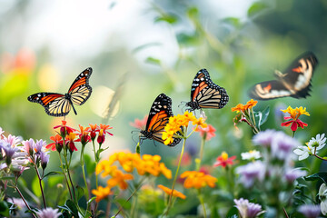 butterflies flying around a flower