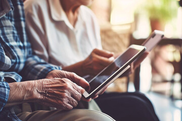a close-up of an old woman and a man holding a tablet - obrazy, fototapety, plakaty