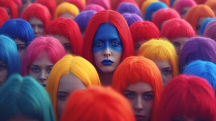 Woman With Blue Face Paint Amidst Multicolored Wigs in a Crowd