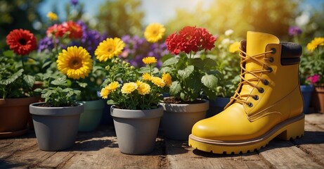 Vibrant garden backdrop Flowerpots, yellow boots, sunny day