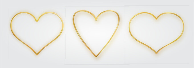 Thin gold heart frame set. Golden realistic heart border. Luxury symbol of love.