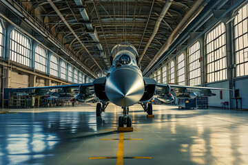 Military airplane on maintenance of engine and fuselage check repair in hangar - obrazy, fototapety, plakaty