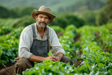 Mature farmer inspecting crops in field. Generative AI