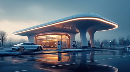 A futuristic gas station powering through solar energy. Generative AI.