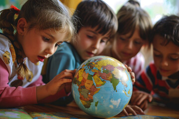 a group of children looking at a globe