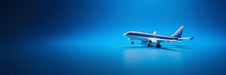 Model plane, airliner, airplane on blue background. travel and transportation concept. toy plane on blue paper background with space, minimal style. Travel and vacation concept