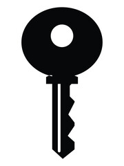 Simple, flat, black silhouette of a house key. Isolated on white