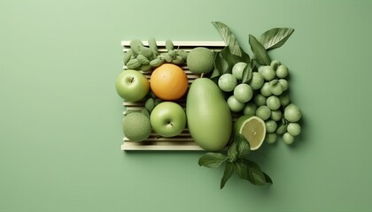 Plate with green fruits and vegetables on a plain green background, Concept: healthy eating and detoxification, dieting, vegetarianism and natural food
