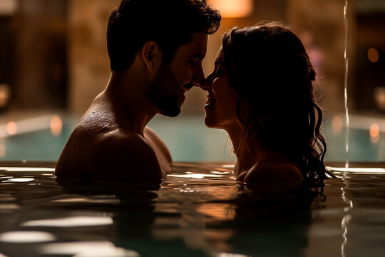 Couple in spa, hot tub, romantic valentine love atmosphere