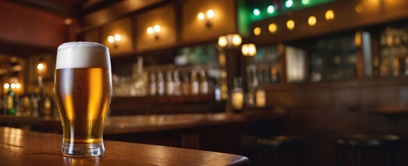 Chilled pint of amber beer with frothy head on wooden pub table against softly blurred traditional bar background