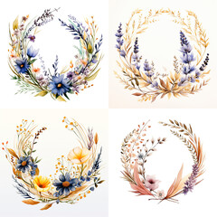 Four watercolor floral wreaths in various color palettes.