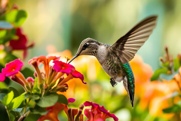 a hummingbird flying near flowers - obrazy, fototapety, plakaty