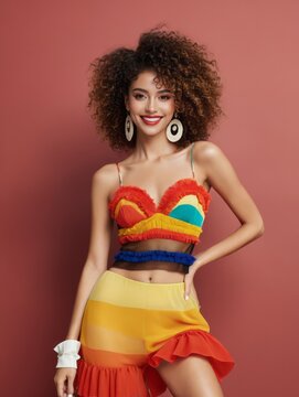 A woman with curly hair, wearing a colorful outfit and big earrings, smiles at the camera.