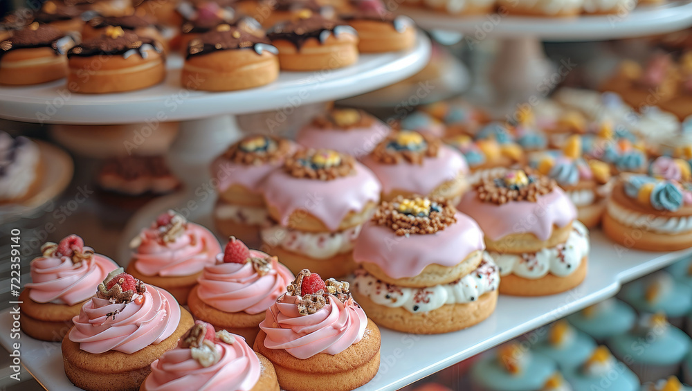 Poster A showcase with delicious cookies and cakes, bright and beautiful. Generative AI.
