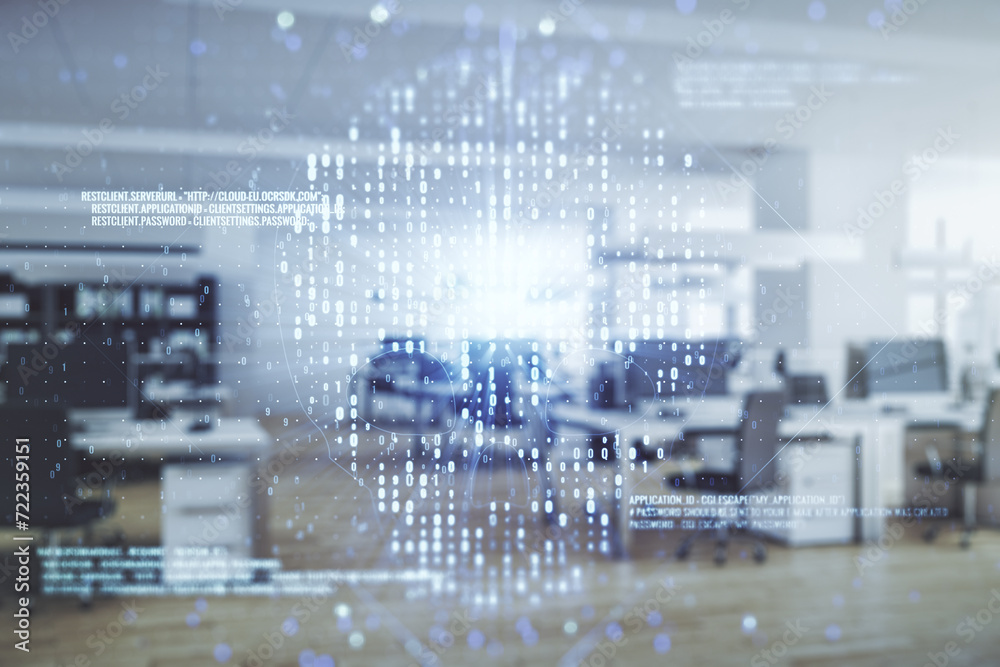 Poster abstract virtual code skull illustration on a modern furnished office background. hacking and phishi