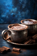 Obraz na płótnie Canvas Hot chocolate in handmade ceramic mugs, accompanied by rich chocolate bars.
