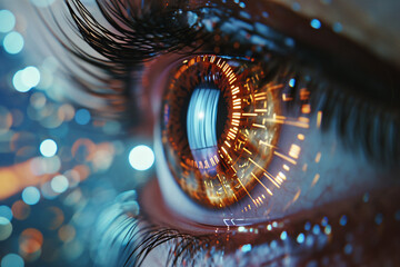 close up of an eye with a reflection of a city in the eye - obrazy, fototapety, plakaty