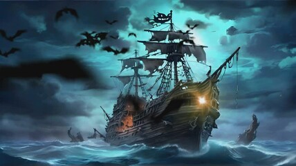 terrible pirate ghost ship breaking through the storm, pirate ship horror theme