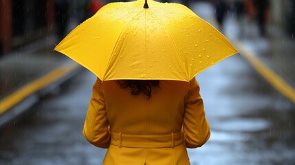 Person With Yellow Umbrella Waiting for Train on Rainy Day