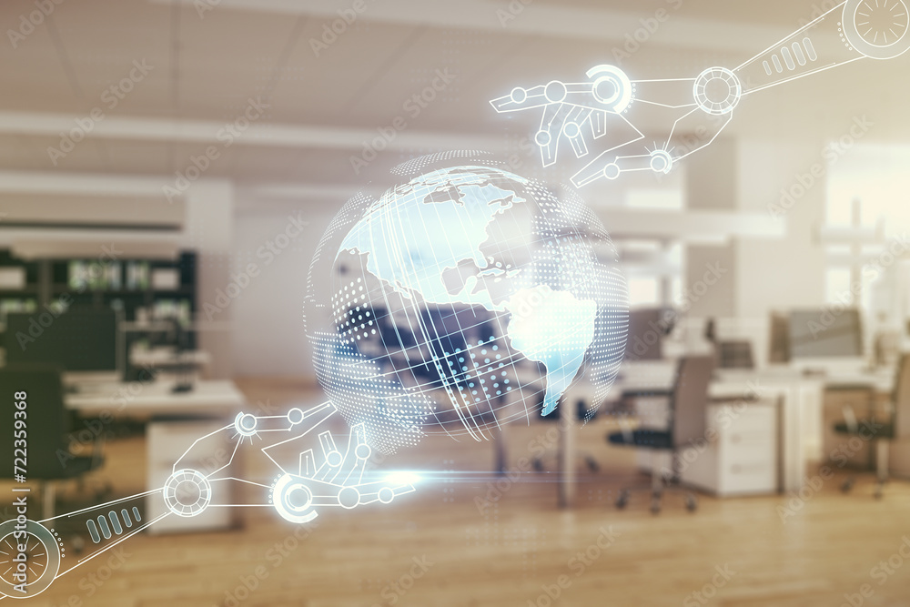 Poster abstract virtual robotics technology hologram with globe on a modern furnished classroom background,