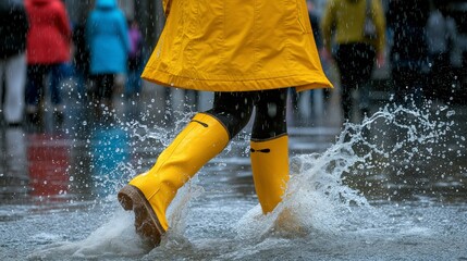 Person Splashing Through Puddles on a Rainy Day