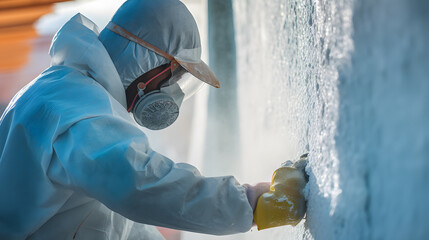 Man worker spraying polyurethane foam inside of future cottage. Neural network AI generated art
