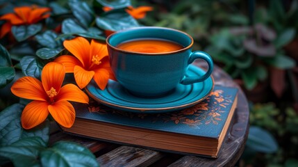 Obraz na płótnie Canvas Blue Cup of Coffee on a Book Amidst Orange Flowers