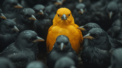 Yellow bird among ravens