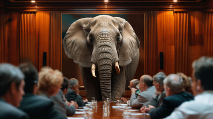 elephant stands in a wood-paneled room at the end of a table surrounded by businesspeople, depicting an unaddressed issue in a corporate setting, the elephant in the room © weerasak