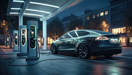 A sleek, modern electric car charging at a station. Generative AI.