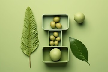 Minimalistic illustration of a bowl with green balls on a green background with a soft monochrome effect. Concept: interior design, conceptual advertising and as a visual reinforcement of themes relat