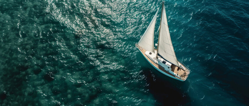 A solitary sailboat glides on the shimmering sea, its sails full of breeze, a tranquil escape into the vast blue serenity