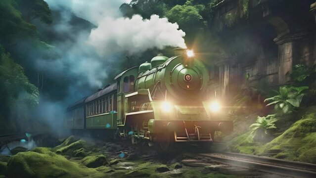 4k seamless looping animation, steam train against tropical forest background